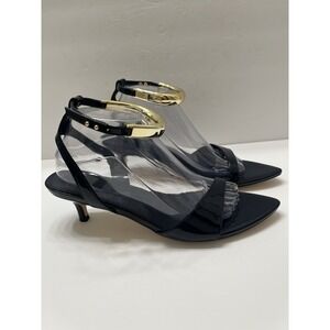 Coutgo Kitten Heel Sandals Black Patent Leather Ankle Strap Goldtone Accents 9